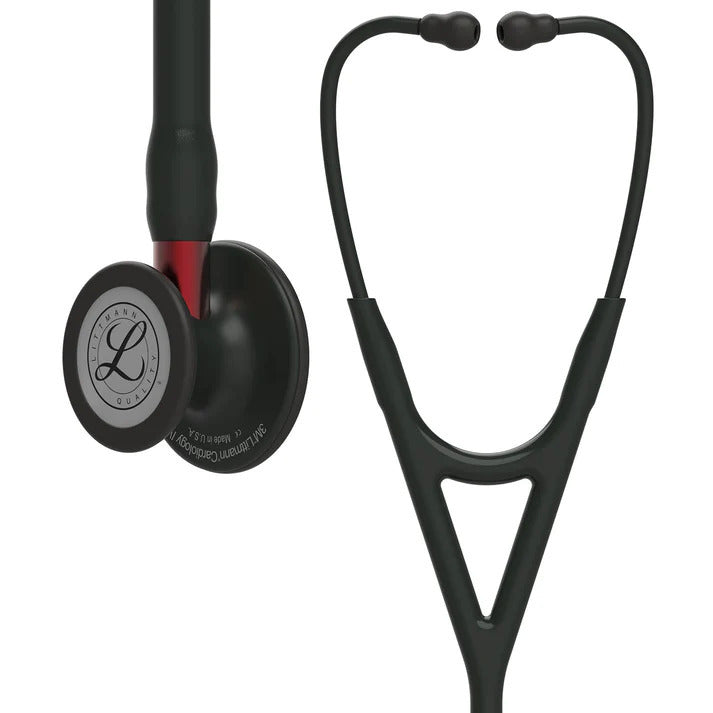 Littmann Cardiology IV with a matte black chest piece, black tubing, and a red stem