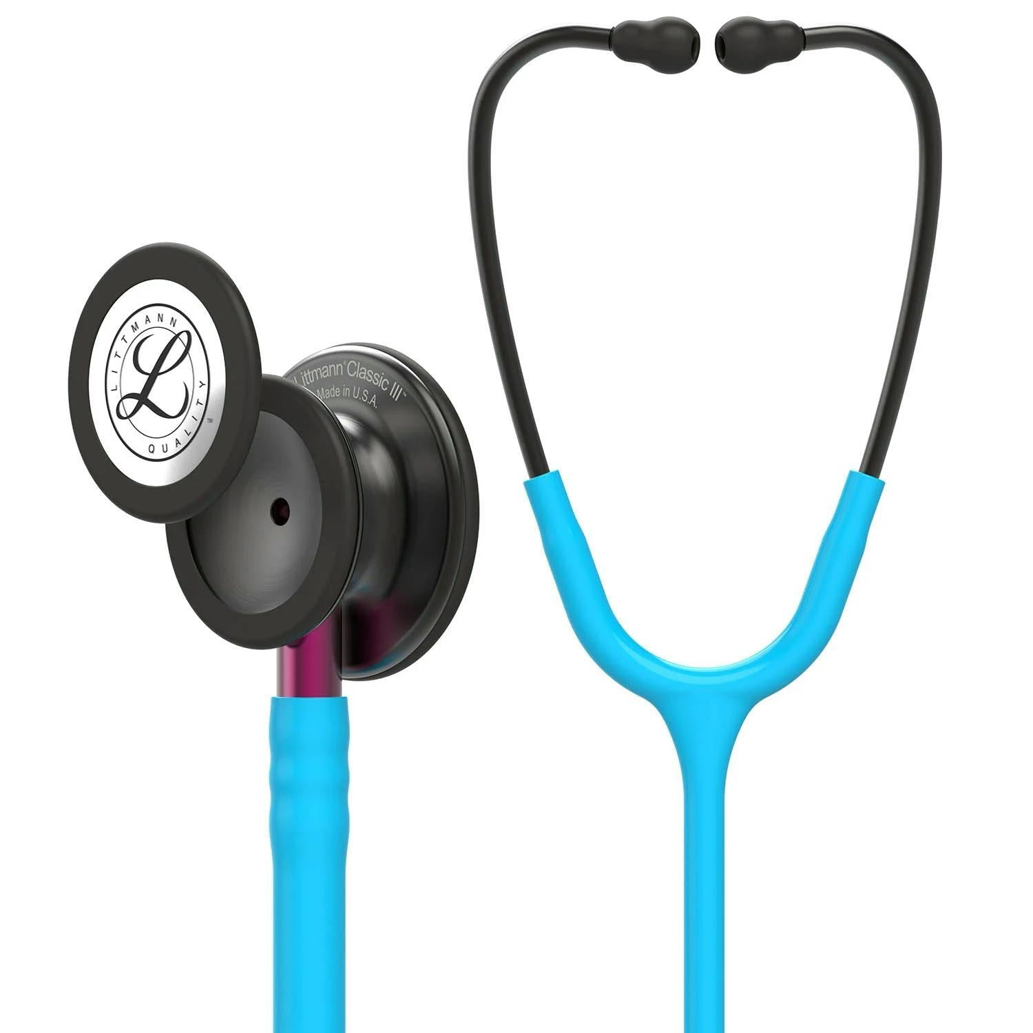 Littmann Classic III turquoise with smoky olive, black ear tubes and pink stem