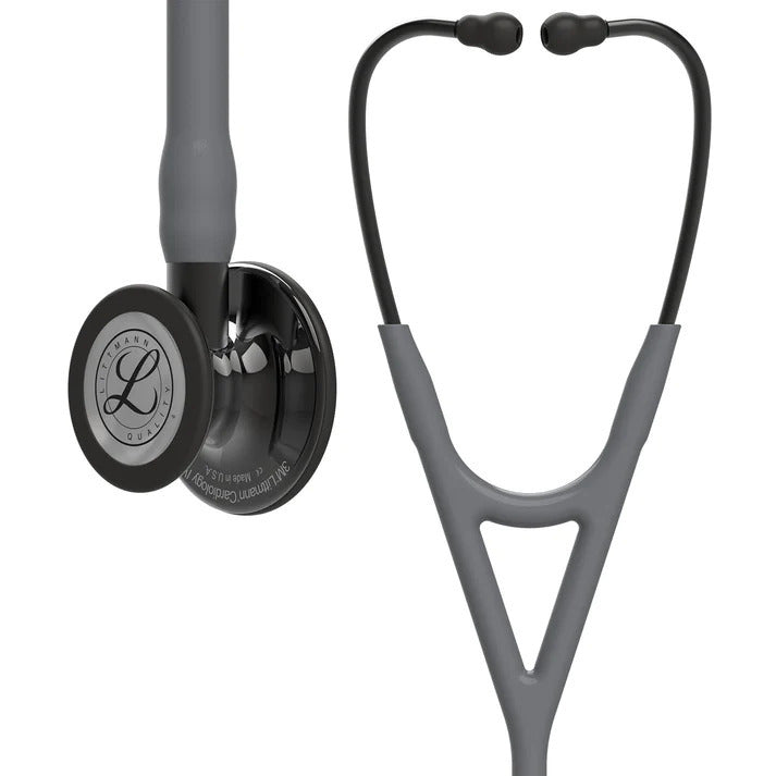 Littmann Cardiology IV gray with smoky olive, black ear tubes, and stem