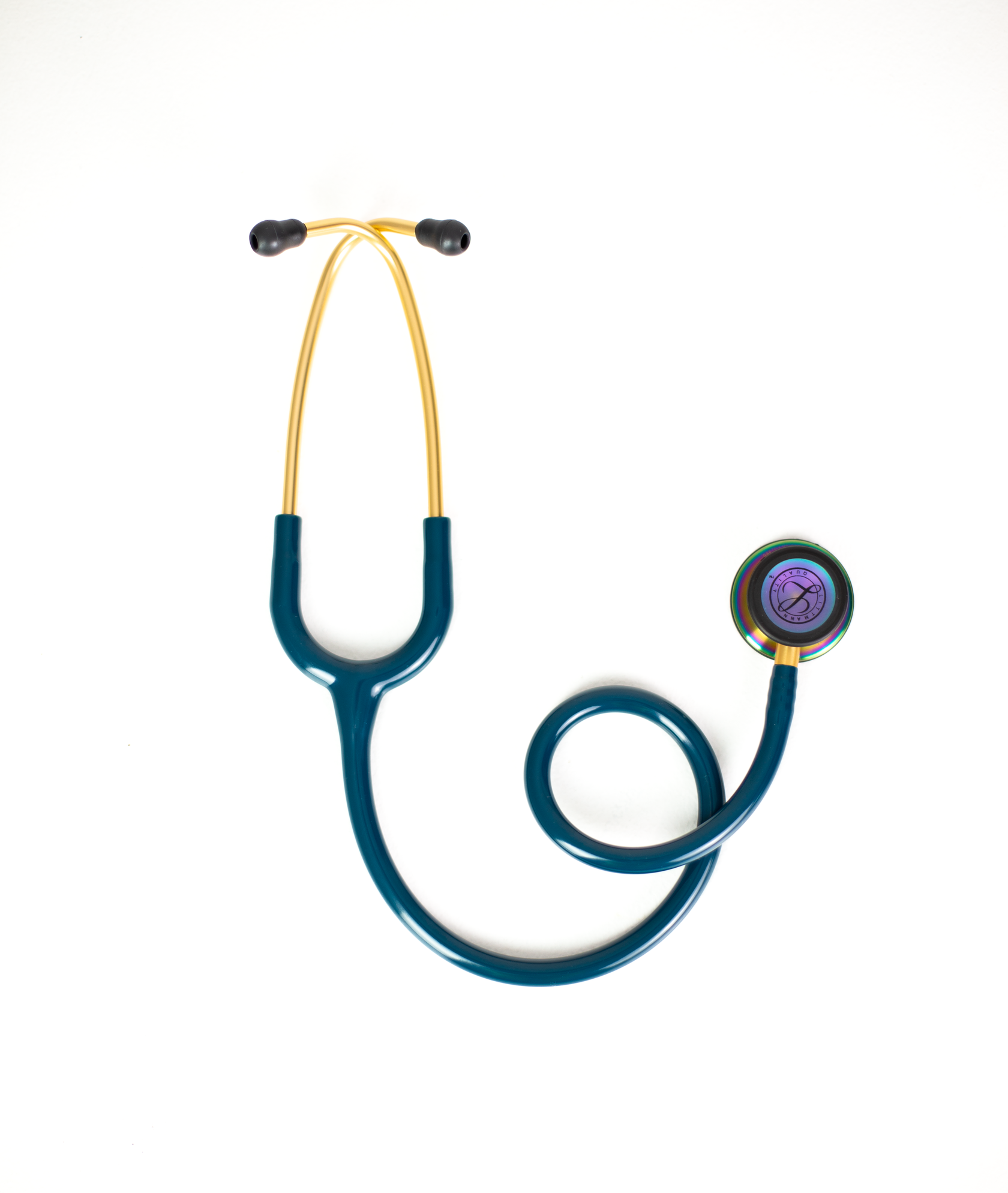 Littmann Classic III marine blue with rainbow stem, gold eartubes, and chestpiece