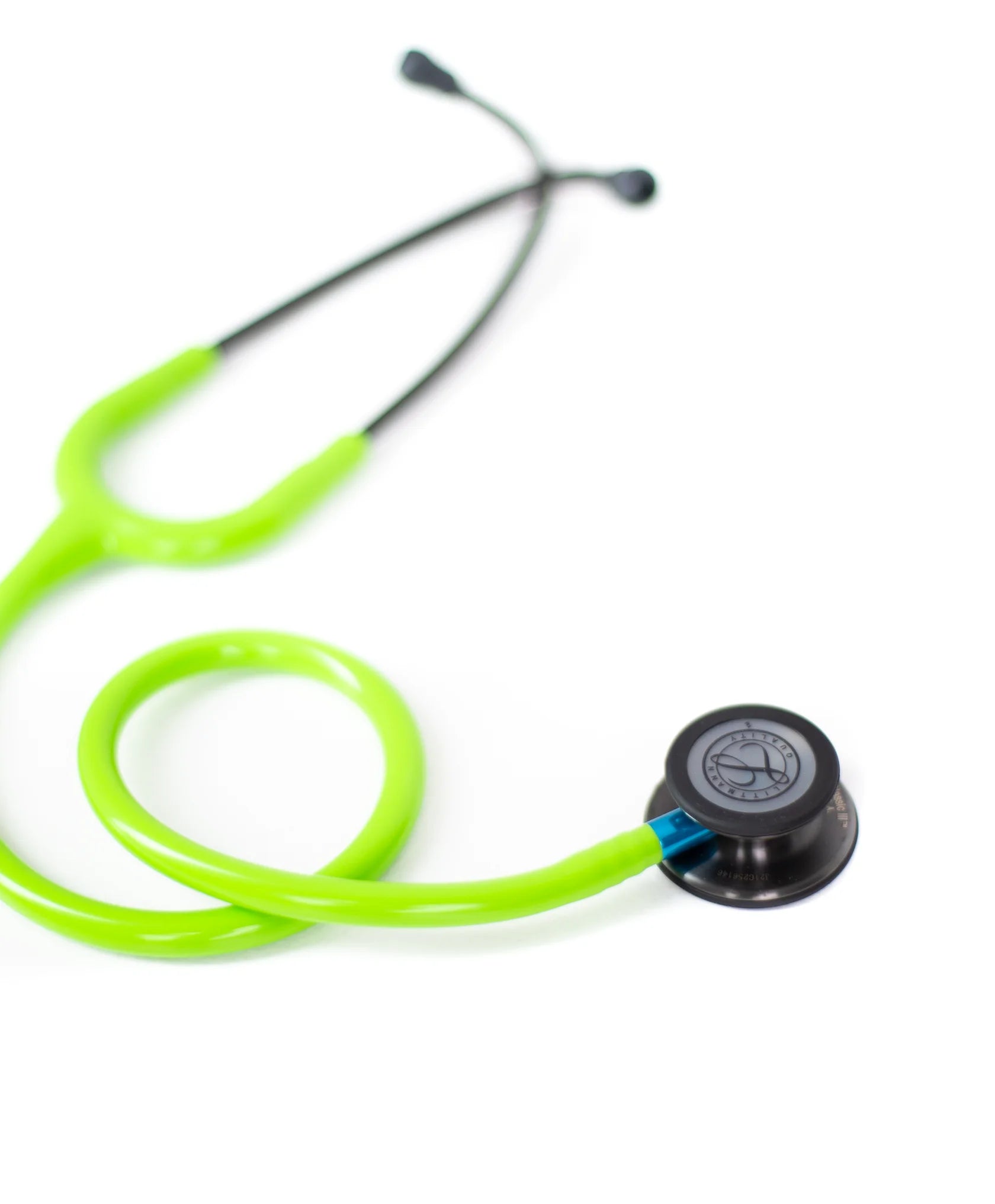 Littmann Classic III lime green with smoke tubing, black binaurals and blue stem