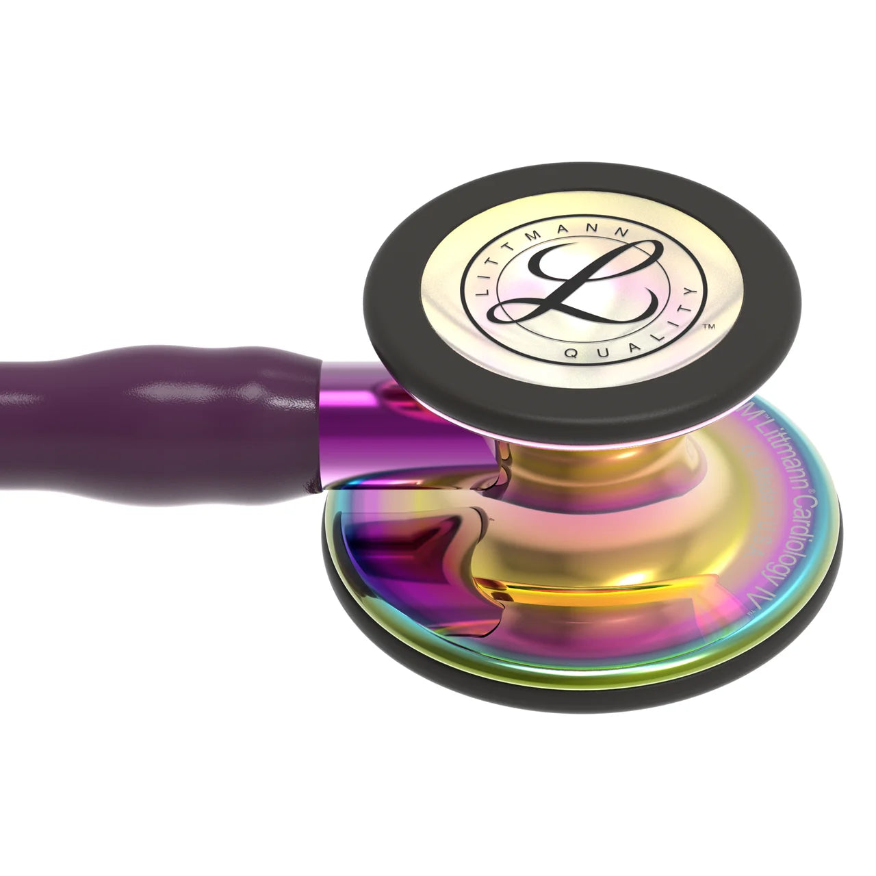 Littmann Cardiology IV plum with rainbow chest piece, black tubing and purple stem