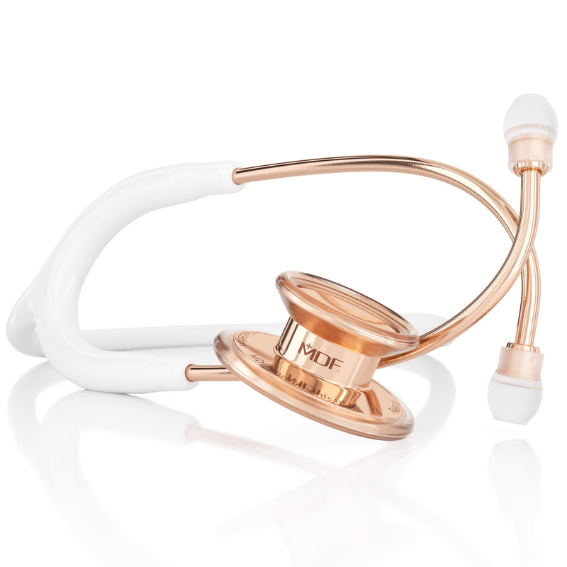 MDF Adult Stethoscope white with gold earpieces and tubing