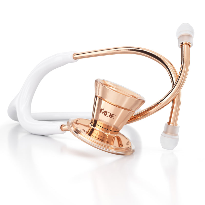 MDF Cardiology stethoscope, white with gold olive eartips, binaurals, and stem