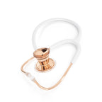 MDF Cardiology stethoscope, white with gold olive eartips, binaurals, and stem