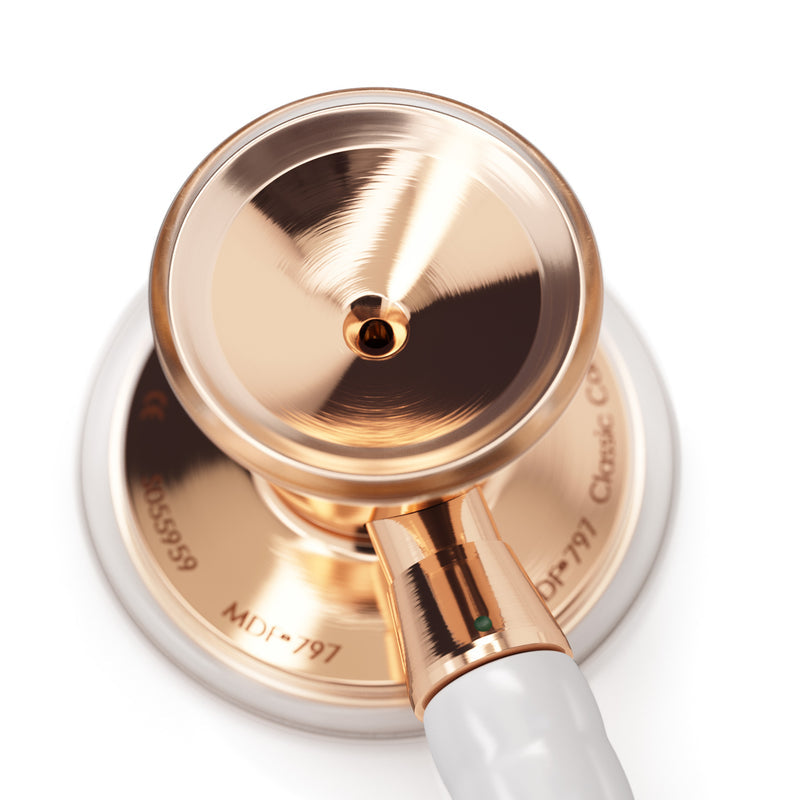 MDF Cardiology stethoscope, white with gold olive eartips, binaurals, and stem